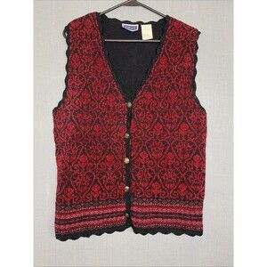 Vintage Chenille Sweater Vest Erika & Co Sz L Reds Plums Black Crocheted Trim